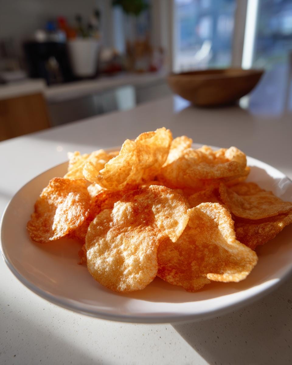 A plate of golden, crispy Hüttenkäse-Chips, a delicious and healthy snack option.