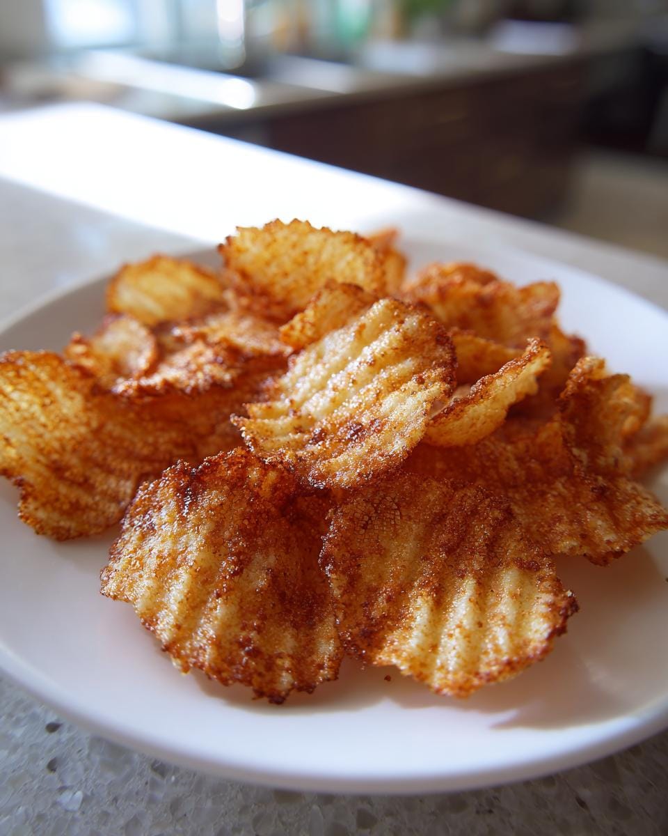 Close-up of crispy, homemade Hüttenkäse-Chips on a white plate, showing their textured surface.