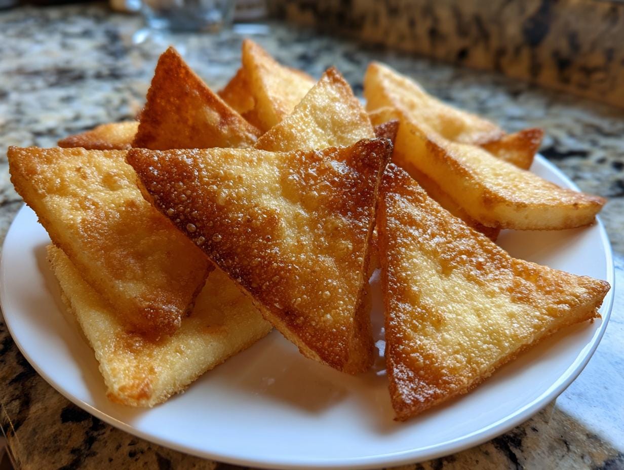 A pile of golden-brown, crispy Hüttenkäse-Chips (cottage cheese chips) on a white plate, ready to eat.