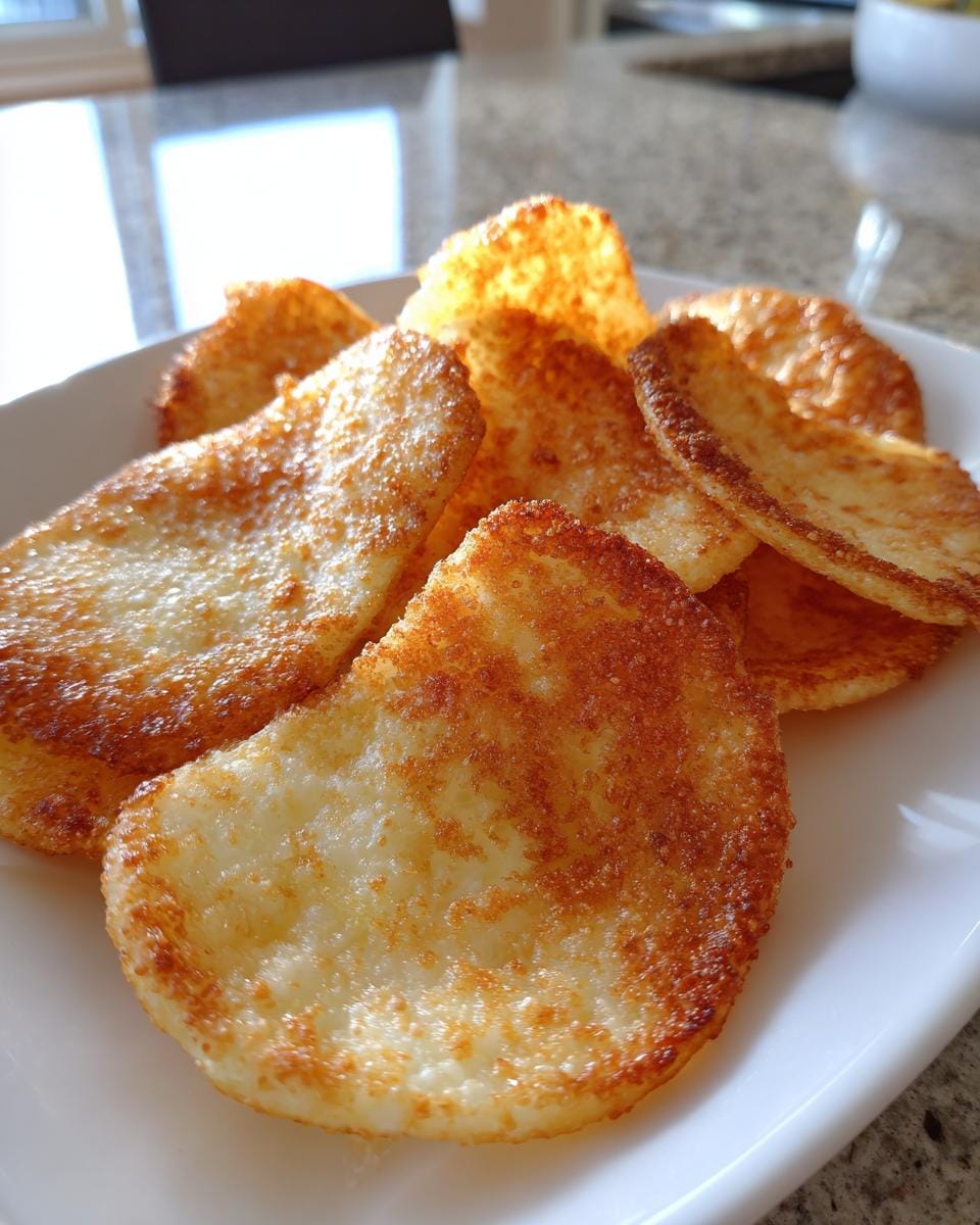 Close-up of golden brown Hüttenkäse-Chips stacked on a white plate, perfect for snacking.