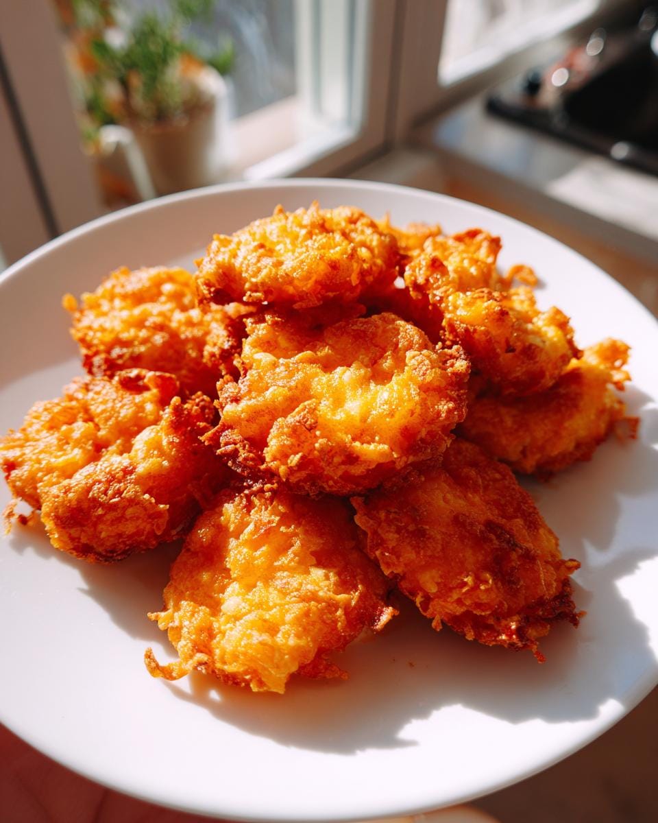 Close-up of a plate of golden brown, homemade Käse-Chips aus Cheddar, perfect for a snack.