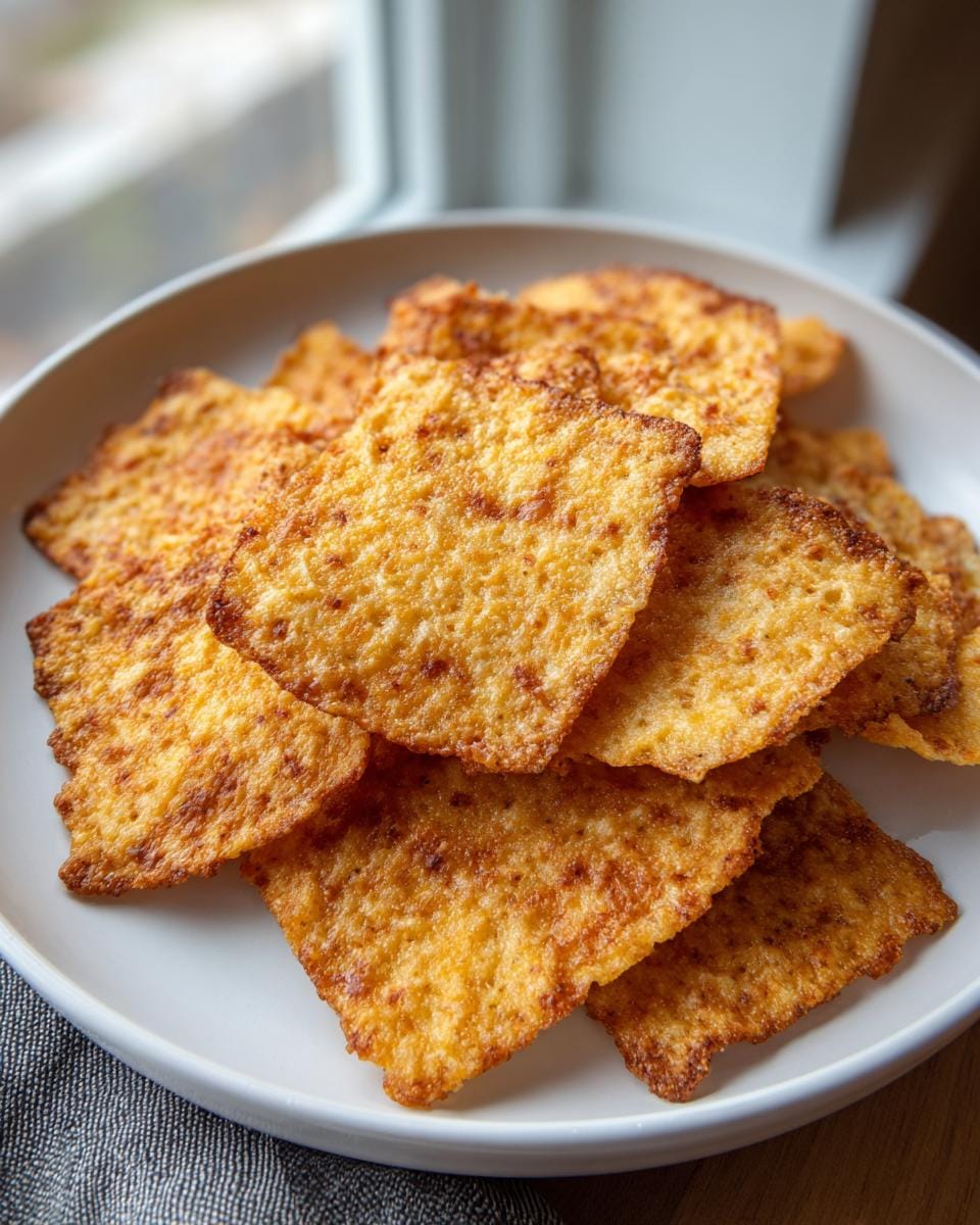 Close-up of crispy, golden Käse-Chips aus Cheddar piled on a white plate, ready to eat.