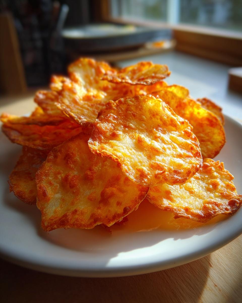 Golden Käse-Chips aus Cheddar piled on a white plate, showcasing their crispy texture and golden color.