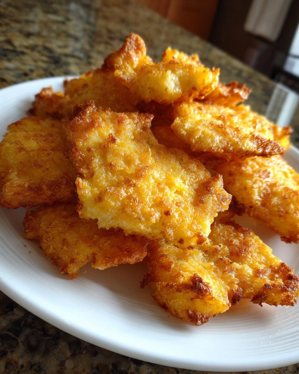 A pile of golden Käse-Chips aus Cheddar on a white plate, showing their crispy texture.