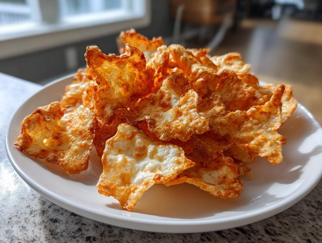 Nahaufnahme von einem Teller voller goldbrauner, knuspriger Käse-Chips aus Cheddar.