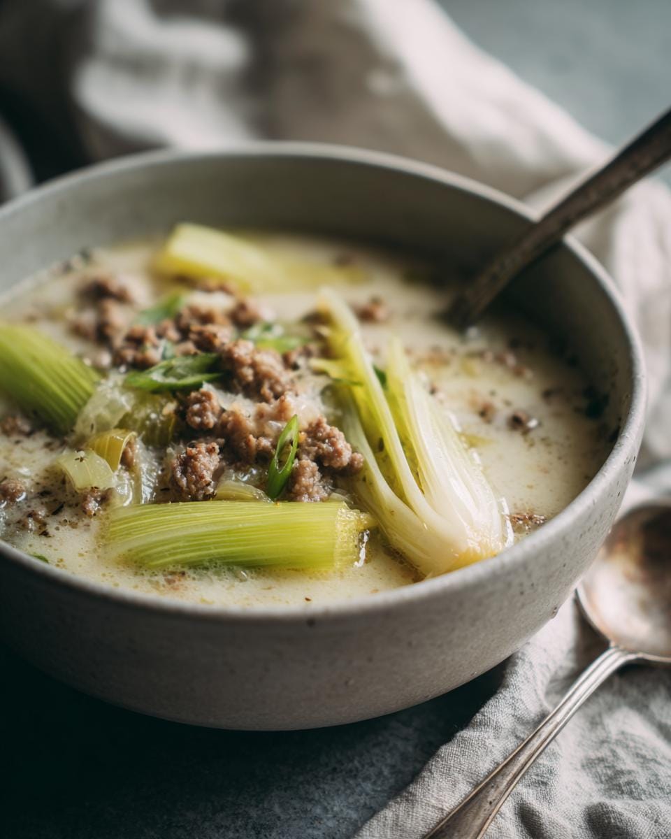 Close-up of Käse-Lauch-Suppe mit Hackfleisch (cheese and leek soup with ground meat) in a bowl, garnished with leeks.