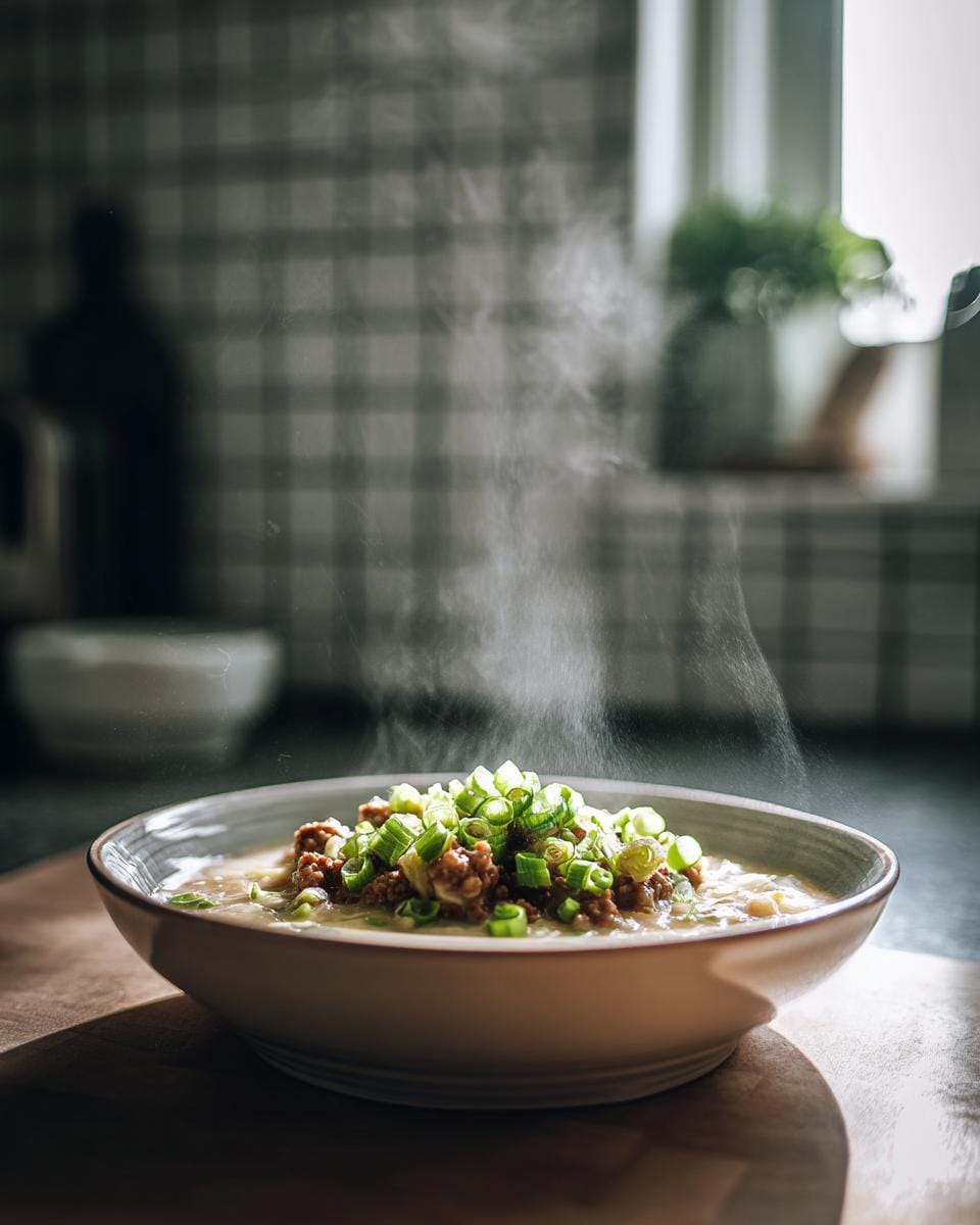 Steaming bowl of Käse-Lauch-Suppe mit Hackfleisch, garnished with fresh green onions.