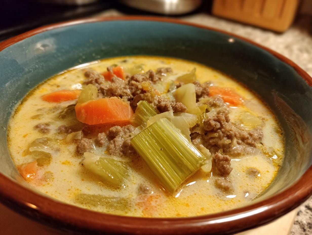 Close-up of Käse-Lauch-Suppe mit Hackfleisch (cheese and leek soup with ground meat) in a blue bowl, showing carrots and celery.
