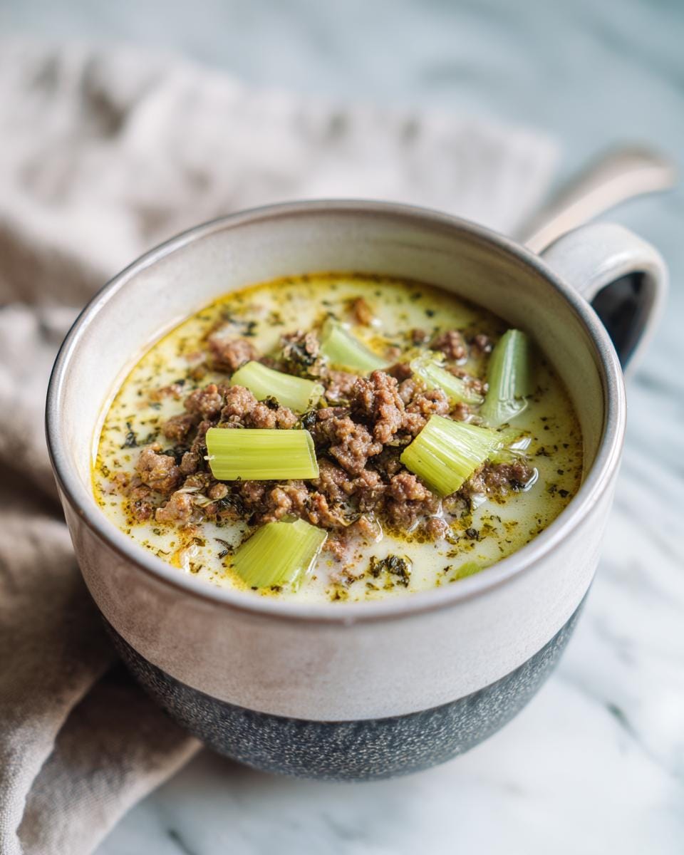 Close-up of creamy Käse-Lauch-Suppe mit Hackfleisch (cheese and leek soup with ground meat) in a mug, garnished with celery.