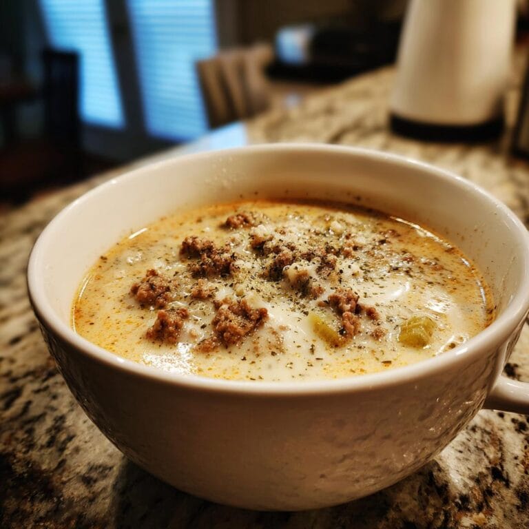 Nahaufnahme einer Schüssel Käse-Lauch-Suppe mit Hackfleisch, garniert mit Kräutern.