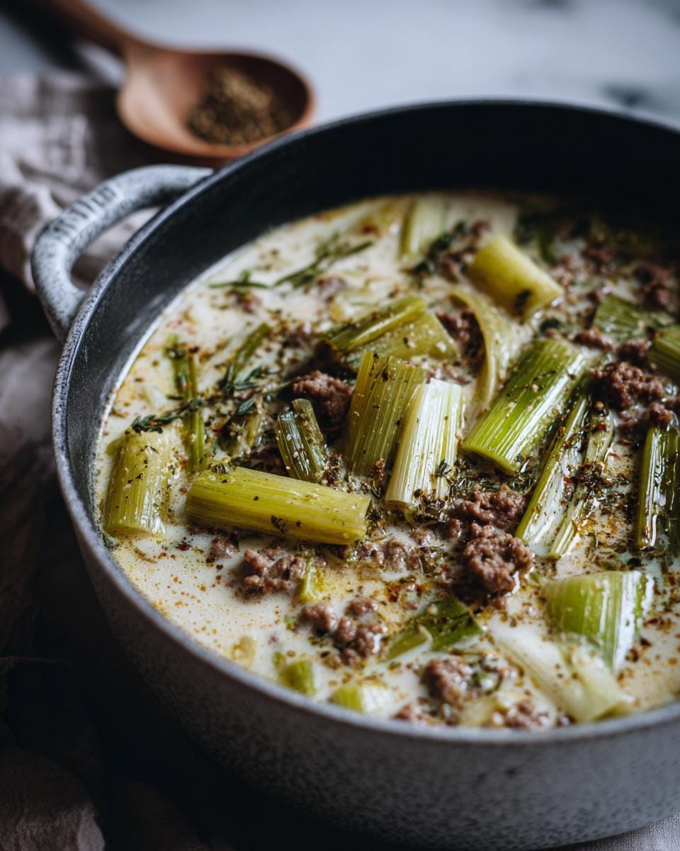 Close-up of Käse-Lauch-Suppe mit Hackfleisch in a pot, showing leeks, ground meat, and creamy broth.
