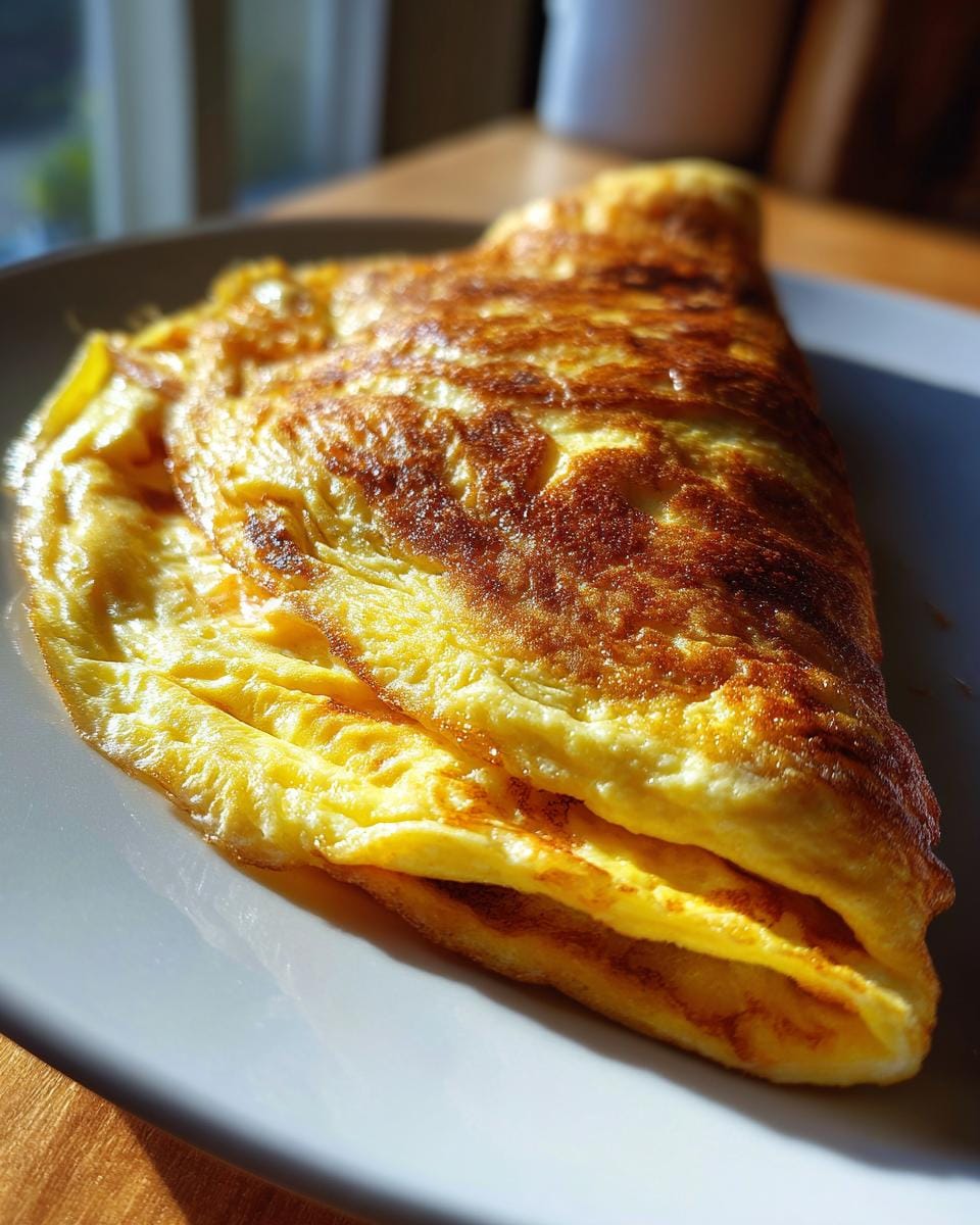 A perfectly cooked Käse-Omelett, folded and golden brown, served on a light gray plate.