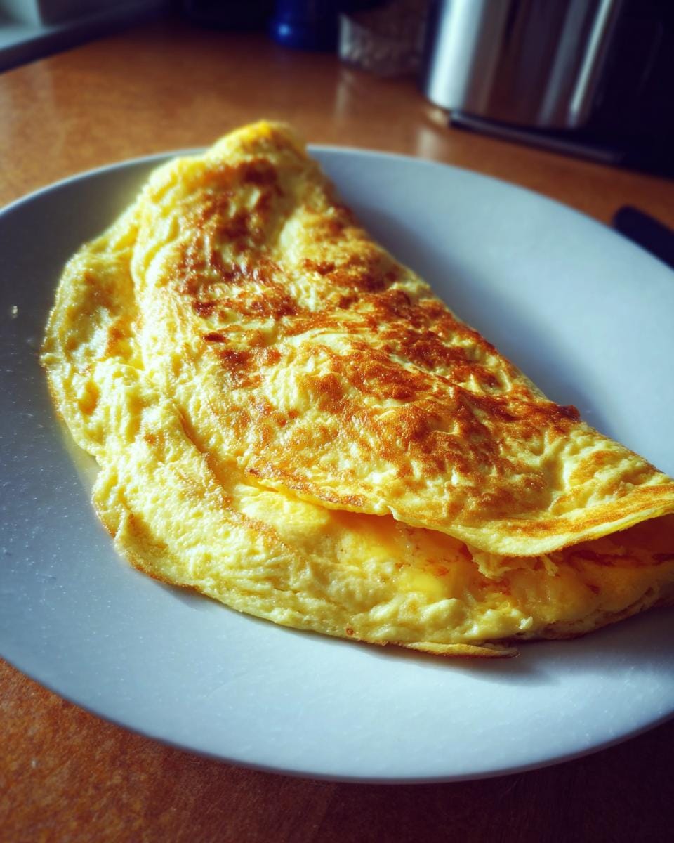 A delicious golden Käse-Omelett (cheese omelet) served on a white plate, ready to eat.