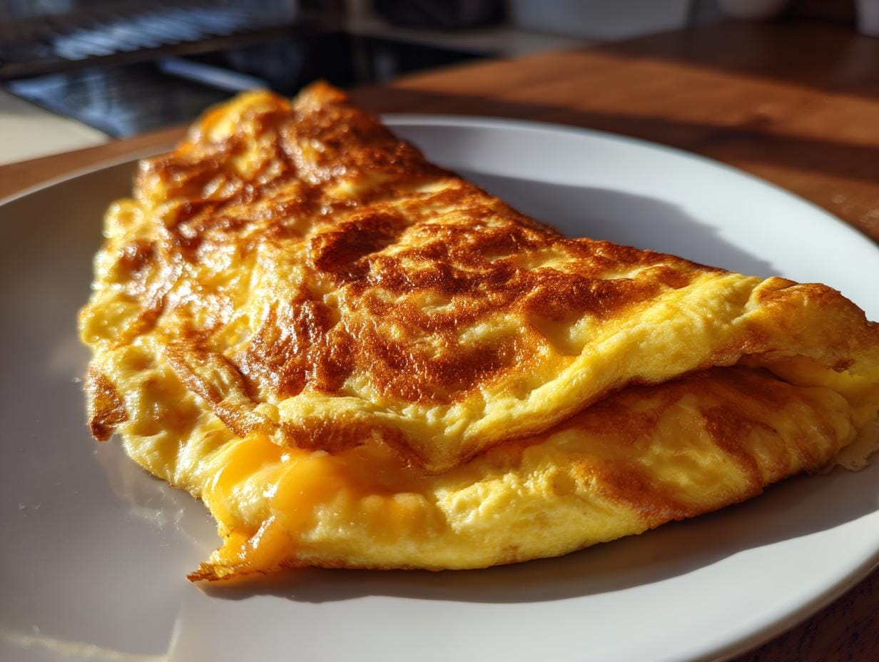 Delicious, golden Käse-Omelett (cheese omelet) served on a white plate, ready to eat.