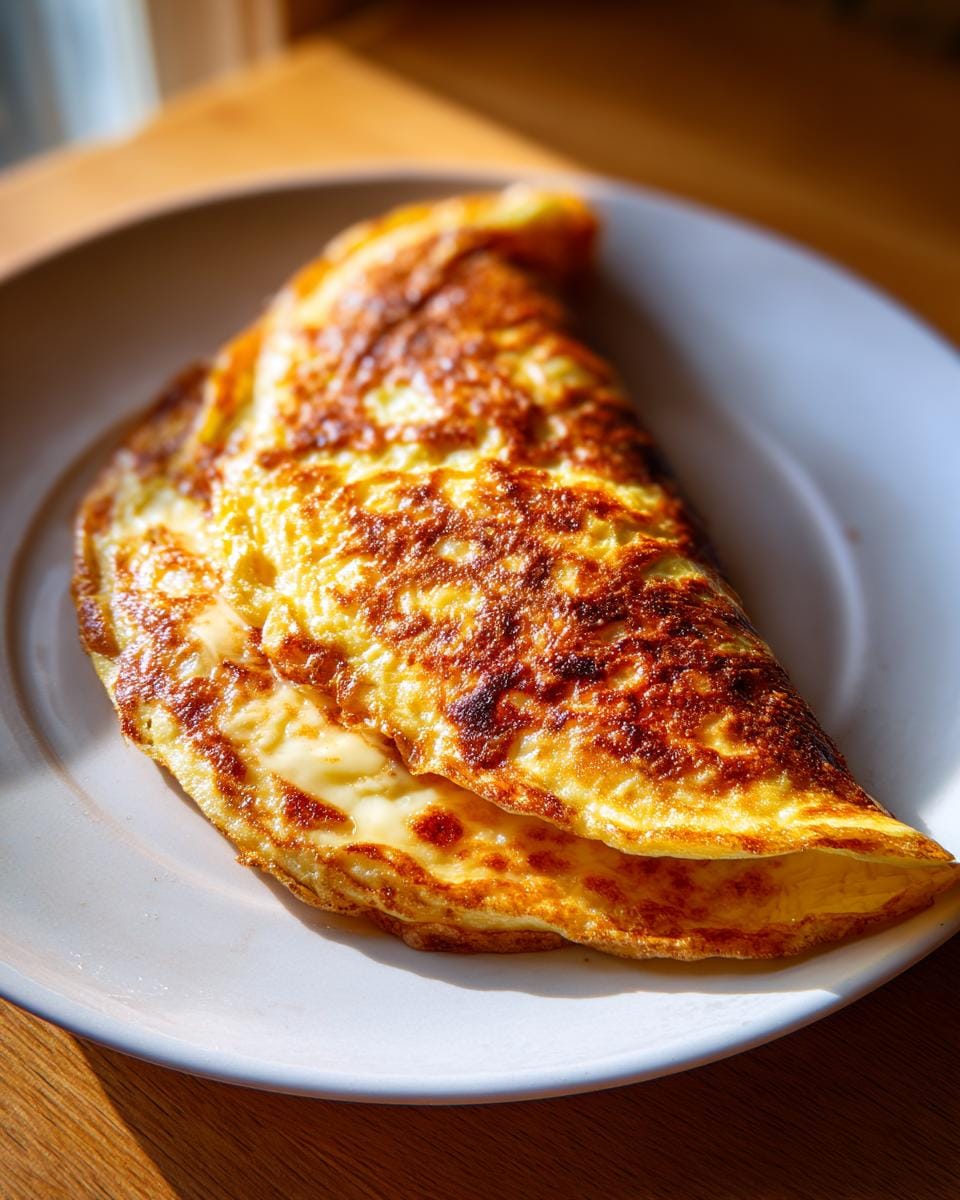 Delicious golden Käse-Omelett (cheese omelet) served on a white plate, ready to eat.