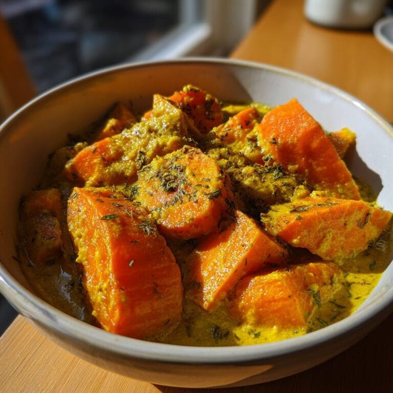 Bowl of vibrant Karotten-Ingwer-Curry, showcasing the bright orange carrots and creamy yellow sauce.