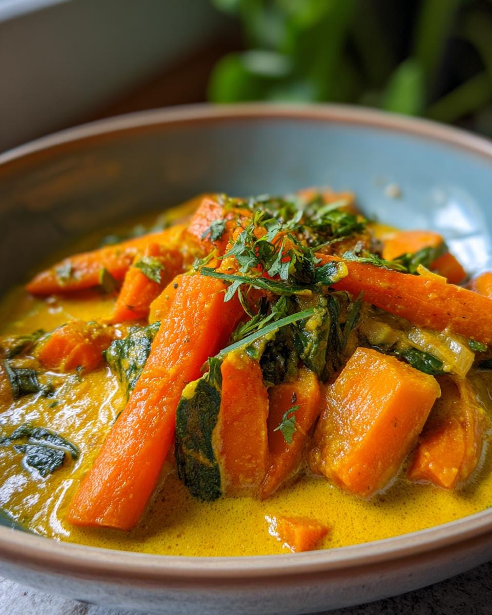 Close-up of a bowl of vibrant Karotten-Ingwer-Curry, garnished with fresh herbs.
