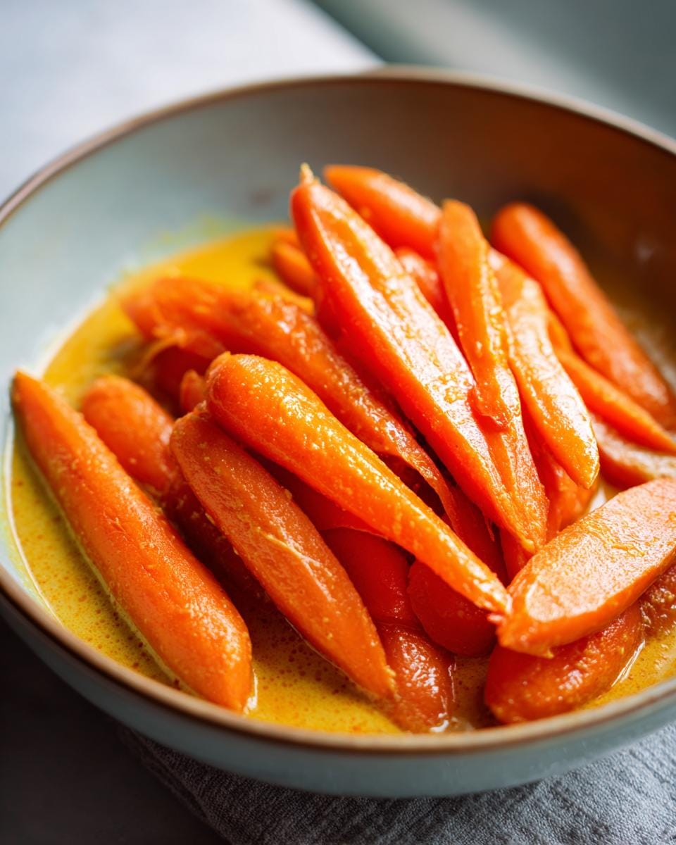 Close-up of Karotten-Ingwer-Curry in a bowl, showcasing the vibrant orange carrots and creamy curry sauce.