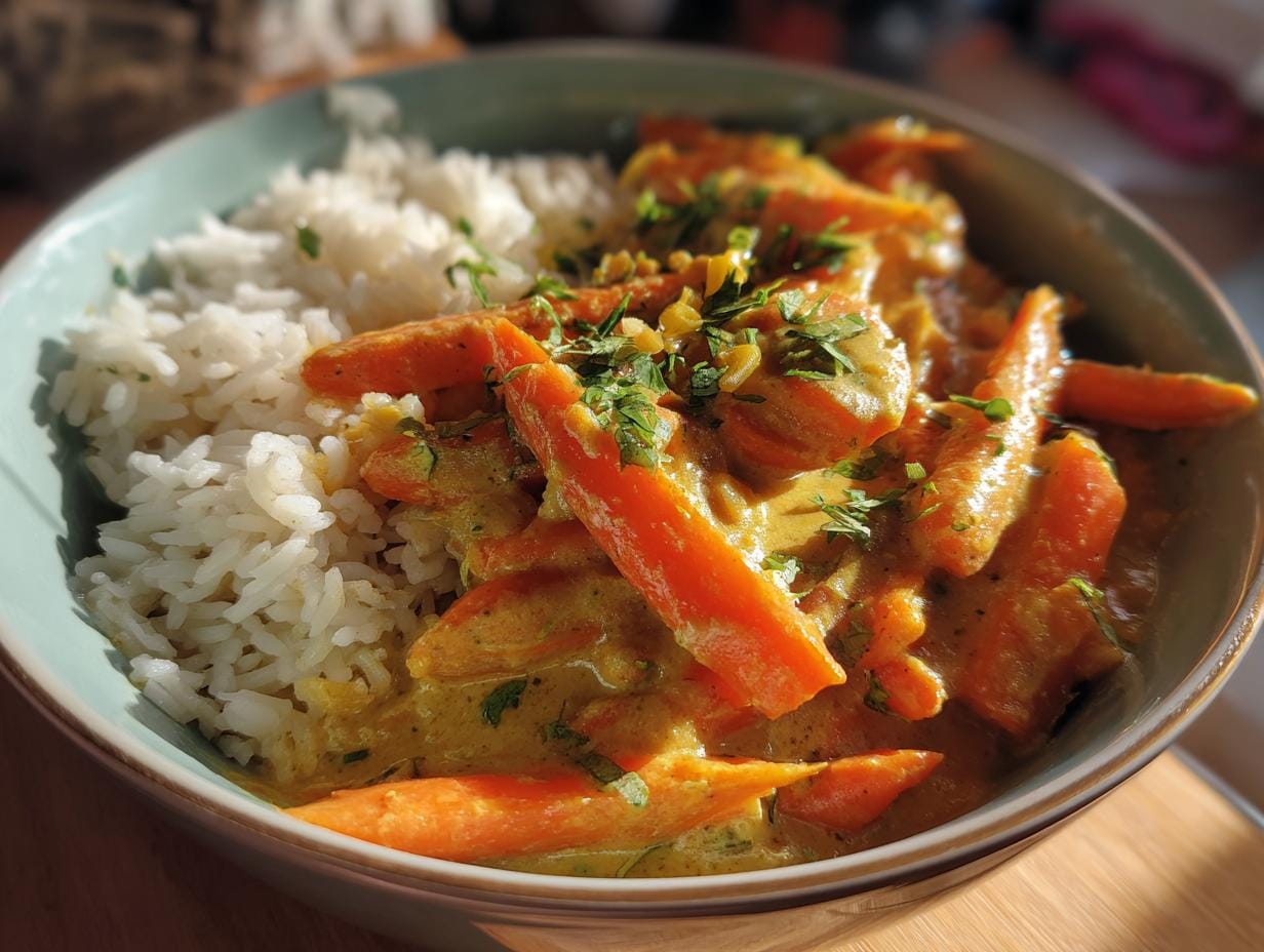 Bowl of Karotten-Ingwer-Curry (carrot ginger curry) with rice, garnished with fresh herbs.