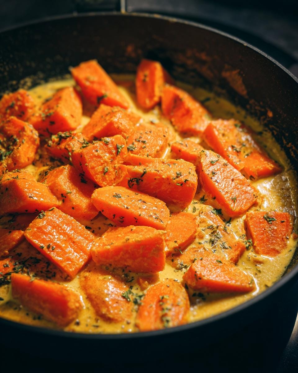 Close-up of Karotten-Ingwer-Curry in a pan, featuring chunks of carrots in a creamy curry sauce.