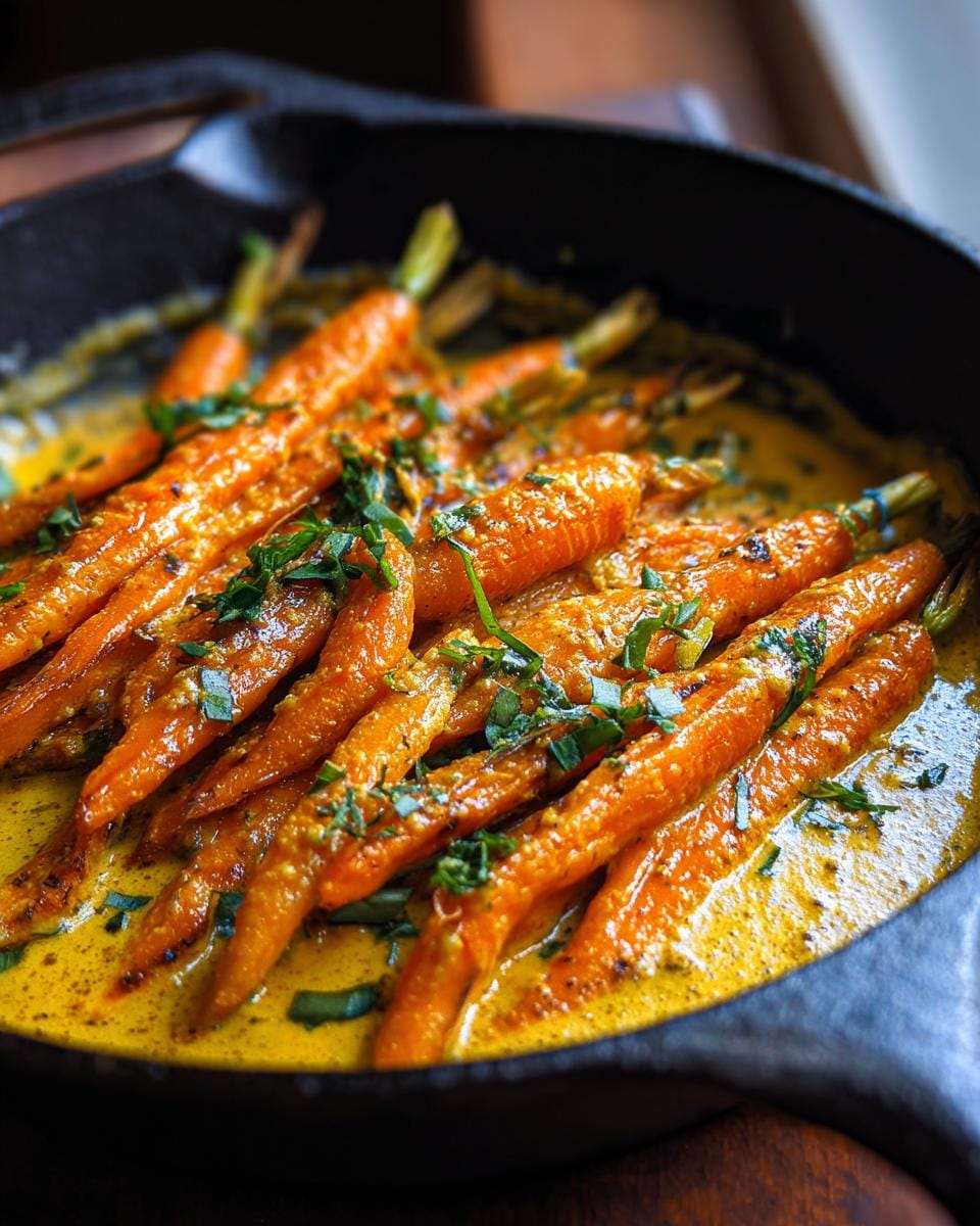 Close-up of Karotten-Ingwer-Curry in a cast iron pan, garnished with fresh herbs.