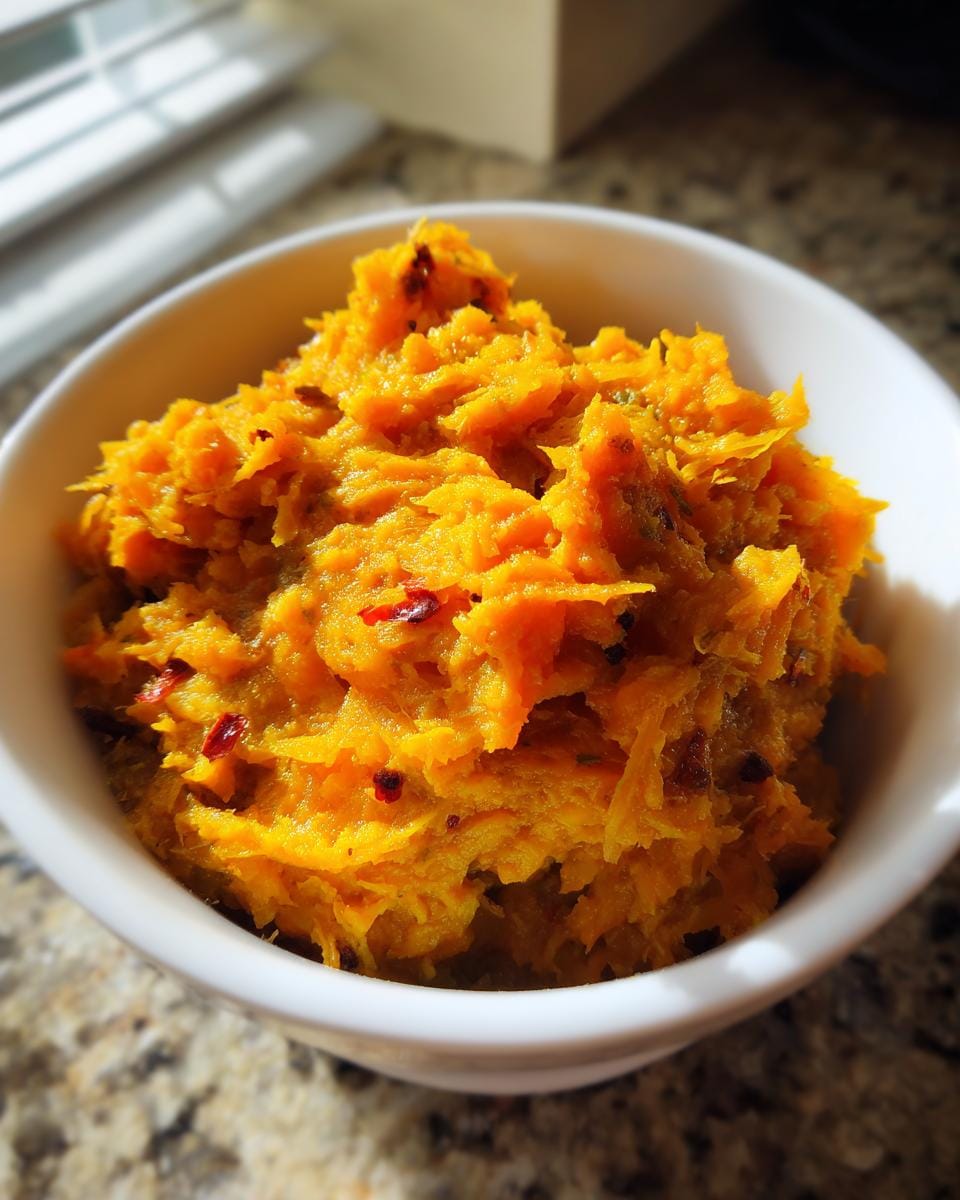 Close-up of Karotten-Kokos-Curry mit Ingwer in a white bowl, showing texture and color.