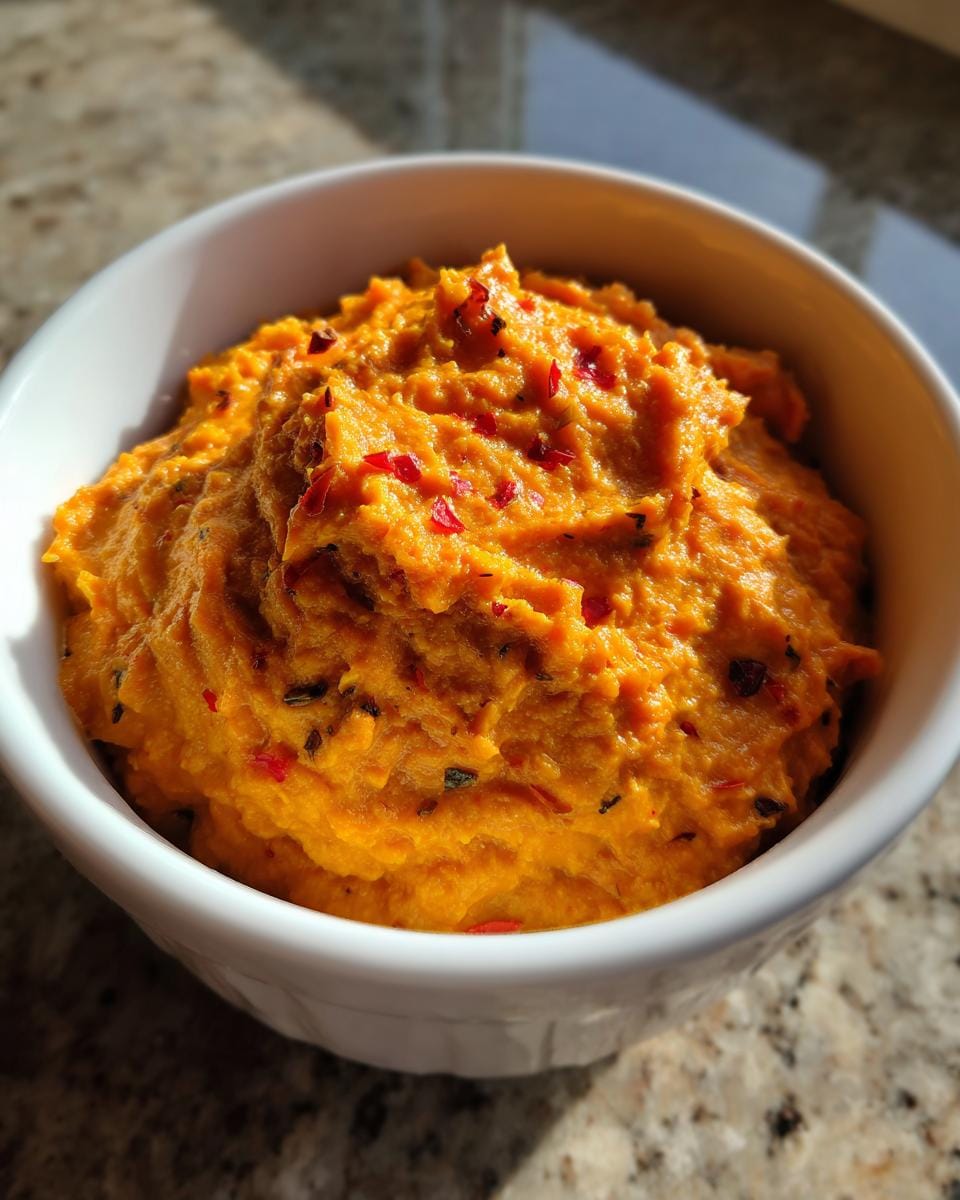 A bowl of vibrant Karotten-Kokos-Curry mit Ingwer, garnished with red chili flakes and herbs.