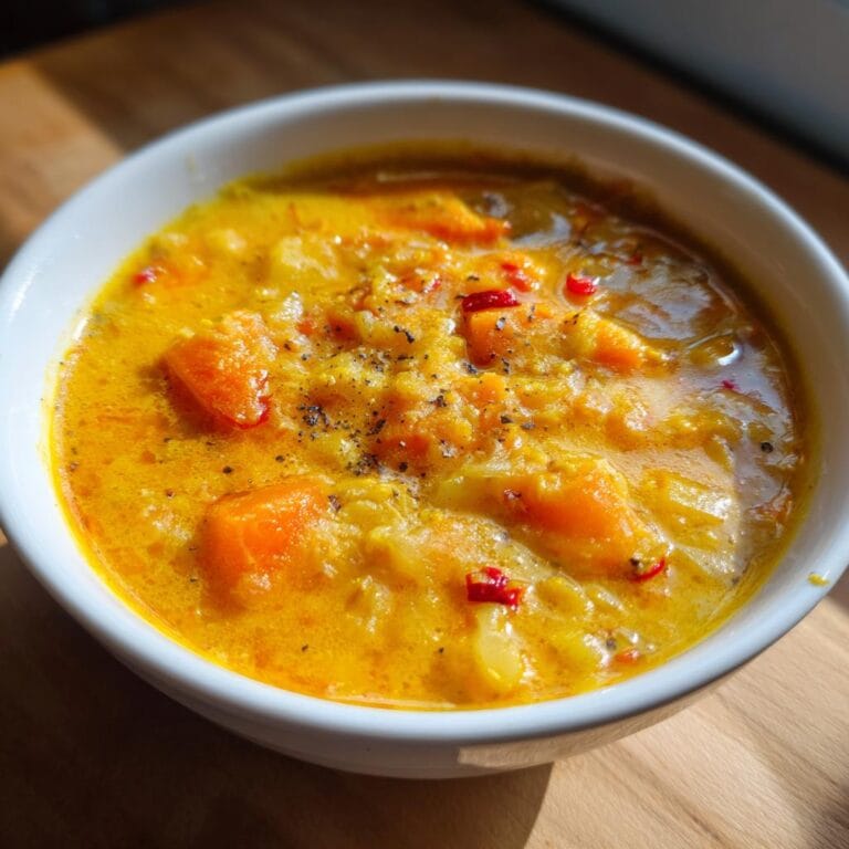 A bowl of creamy Karotten-Kokos-Curry mit Ingwer, garnished with black pepper and chili flakes.
