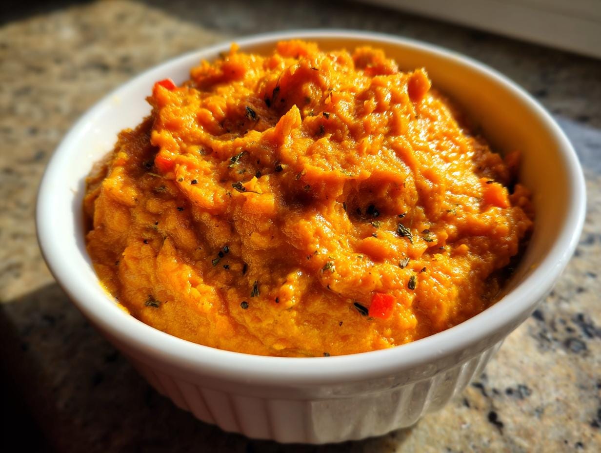 Nahaufnahme von Karotten-Kokos-Curry mit Ingwer in einer weißen Schale, garniert mit Kräutern.