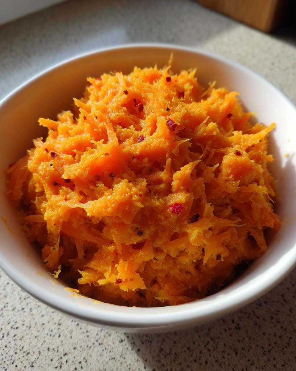 Close-up of Karotten-Kokos-Curry mit Ingwer in a white bowl, showing grated carrots and spices.