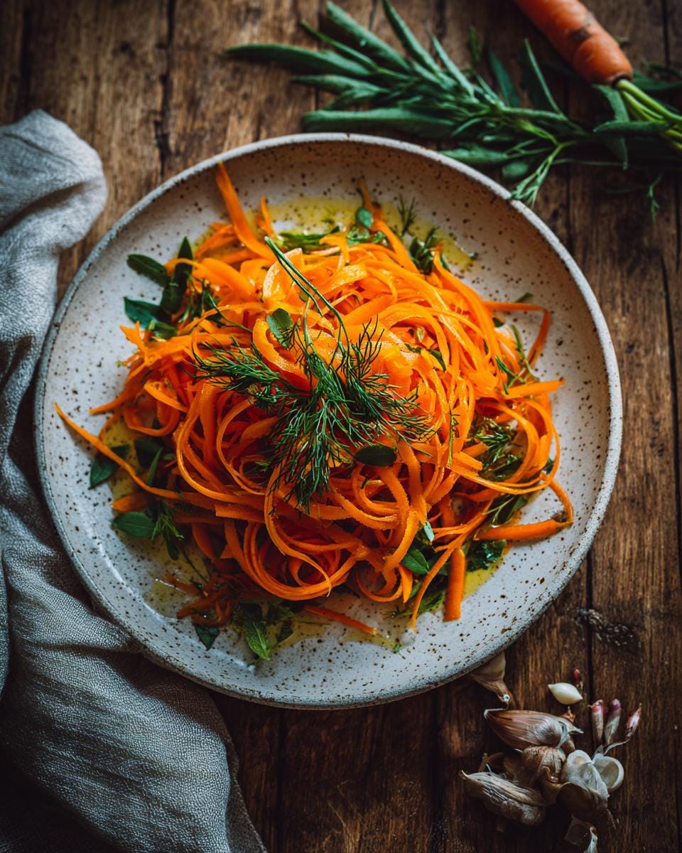 Overhead view of Karotten-Salat mit Apfel & Zitronendressing on a plate, garnished with dill and herbs.