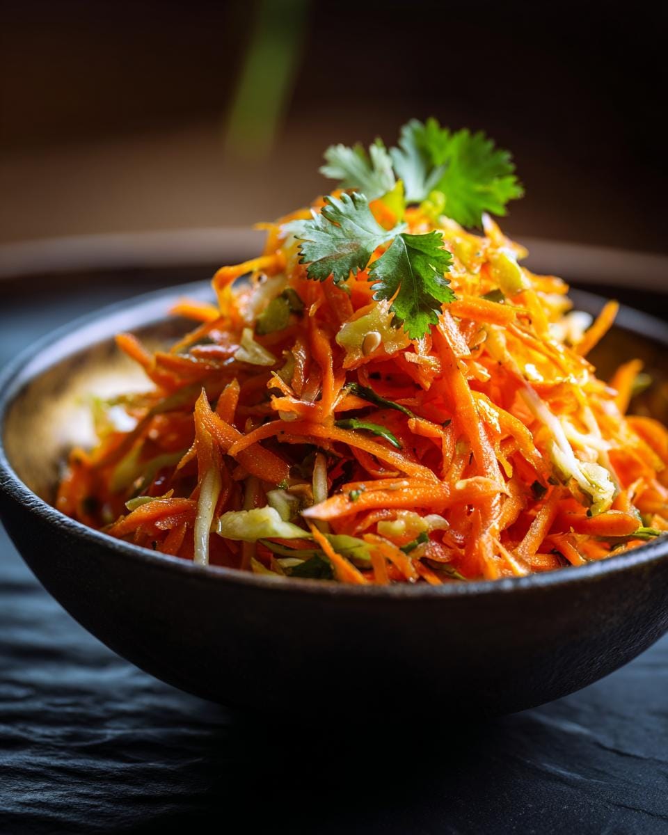 Close-up of Karotten-Salat mit Apfel & Zitronendressing in a dark bowl, garnished with cilantro.