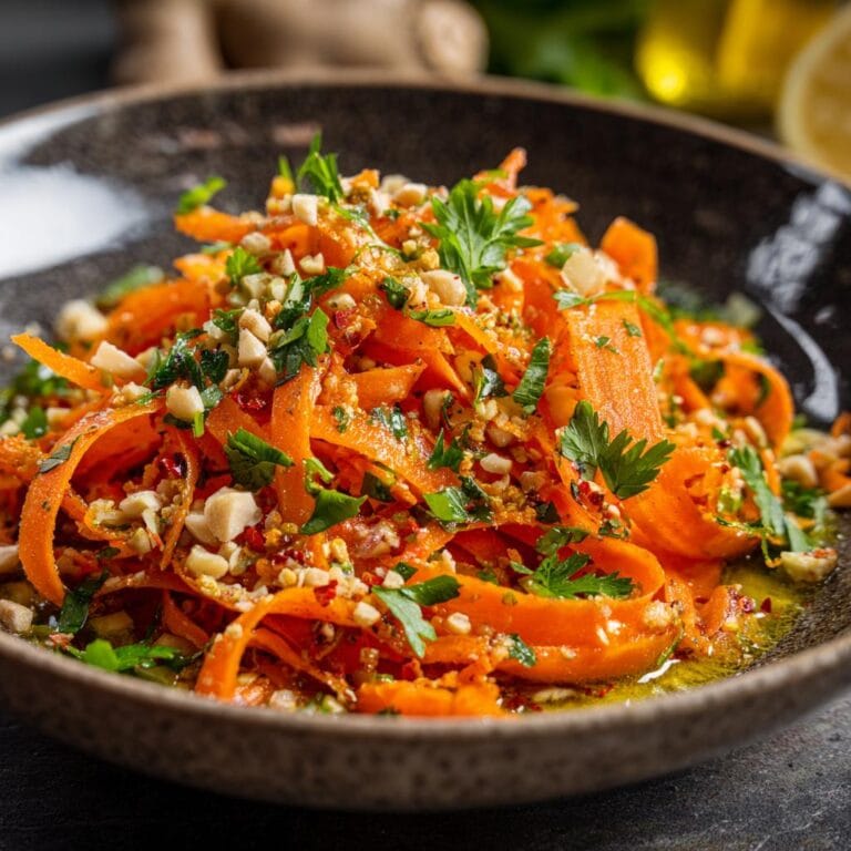 Close-up of Karotten-Salat mit Apfel & Zitronendressing, garnished with nuts and parsley.