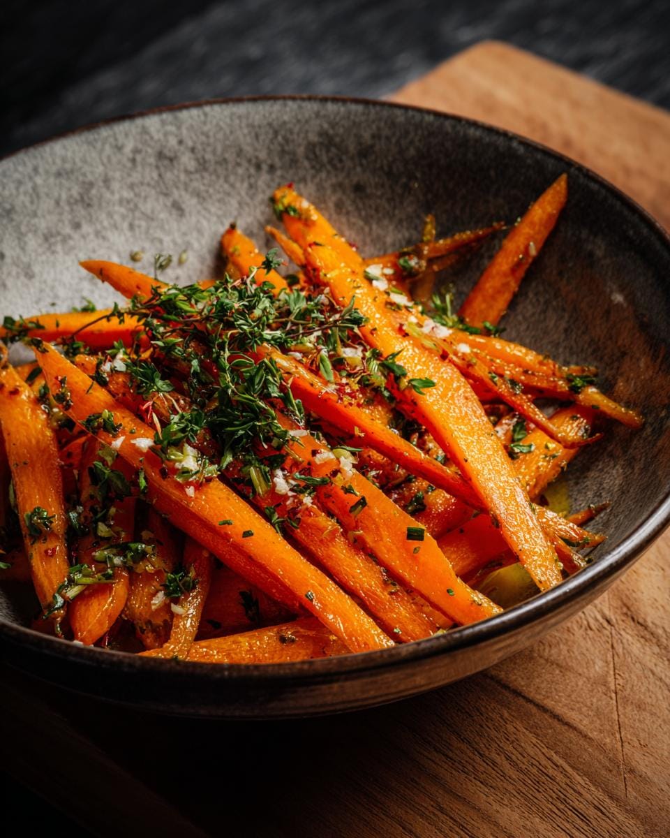 Close-up of Karotten-Salat mit Apfel & Zitronendressing in a bowl, garnished with herbs.