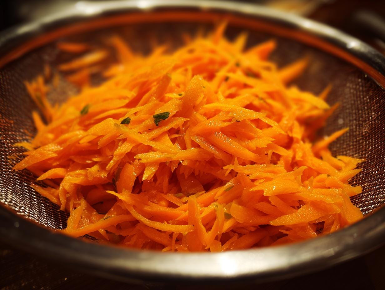 Nahaufnahme von Karotten-Salat mit Apfel & Zitronendressing in einem Metallsieb.