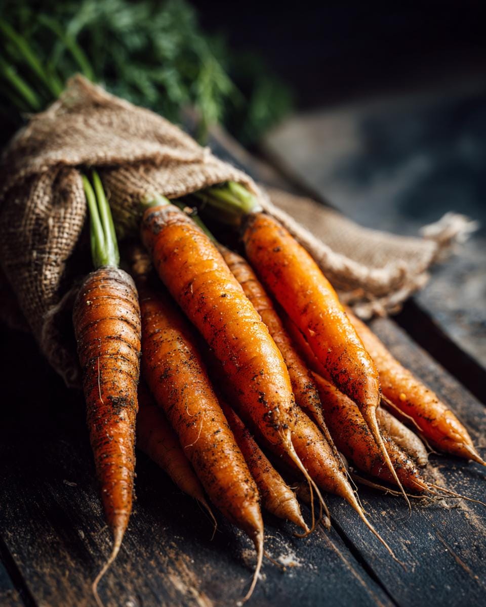 Frische Karotten in einem Jutesack, bereit für Karotten-Salat mit Apfel & Zitronendressing.