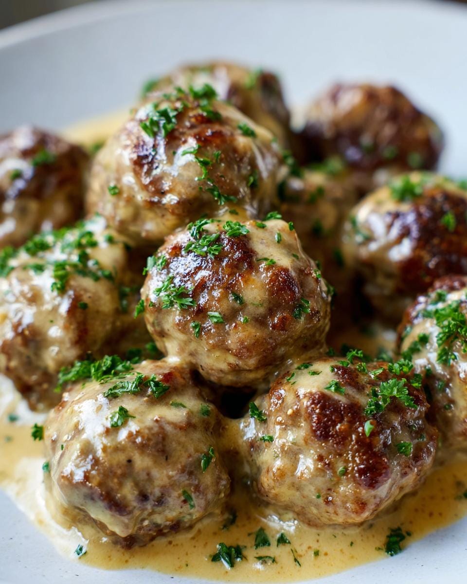 Close-up of Keto Knoblauchbutter-Fleischbällchen (garlic butter meatballs) in sauce, garnished with parsley.