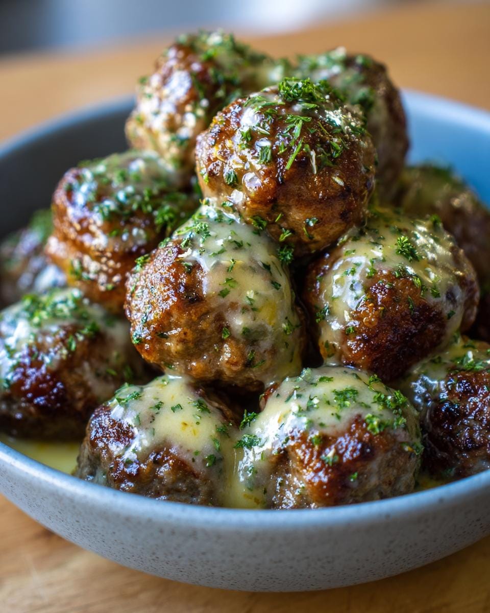 Close-up of Keto Knoblauchbutter-Fleischbällchen in a bowl, topped with garlic butter sauce and herbs.