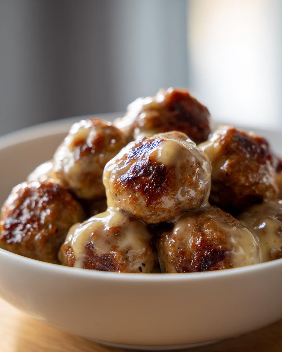 Nahaufnahme von Keto Knoblauchbutter-Fleischbällchen in einer weißen Schüssel, servierfertig.