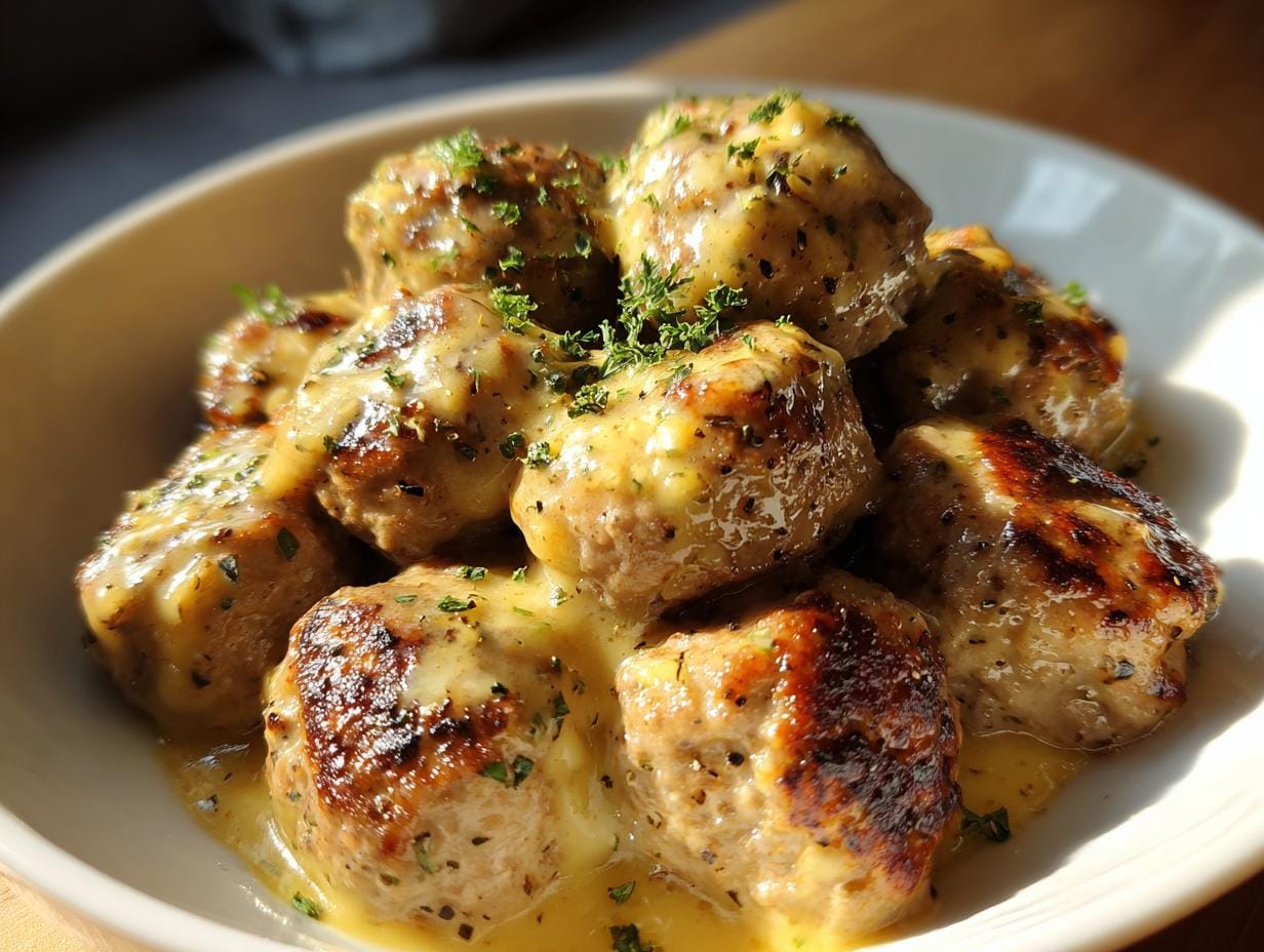 Close-up of Keto Knoblauchbutter-Fleischbällchen (garlic butter meatballs) in a white bowl, garnished with herbs.