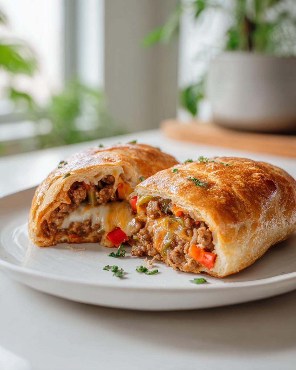 Two halves of a Keto Philly-Cheesesteak-Rollen showing the cheesy meat and vegetable filling.