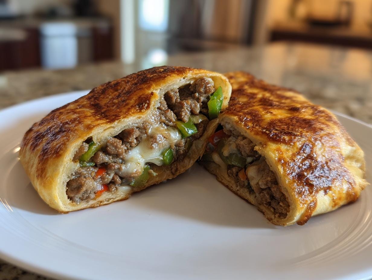 A sliced Keto Philly-Cheesesteak-Rollen showing the filling of meat, peppers, and cheese.