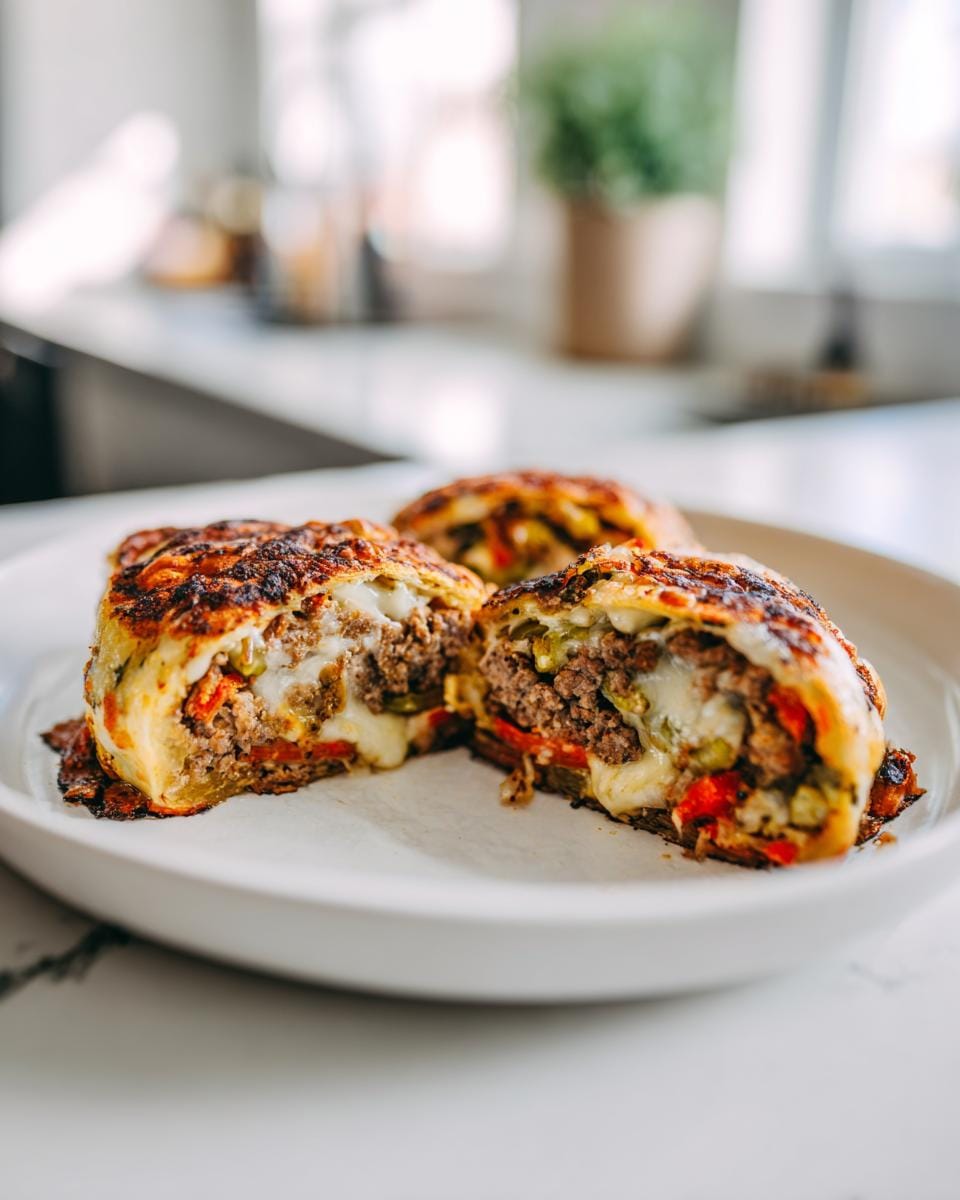 Close-up of sliced Keto Philly-Cheesesteak-Rollen on a white plate, showing the cheesy beef filling.