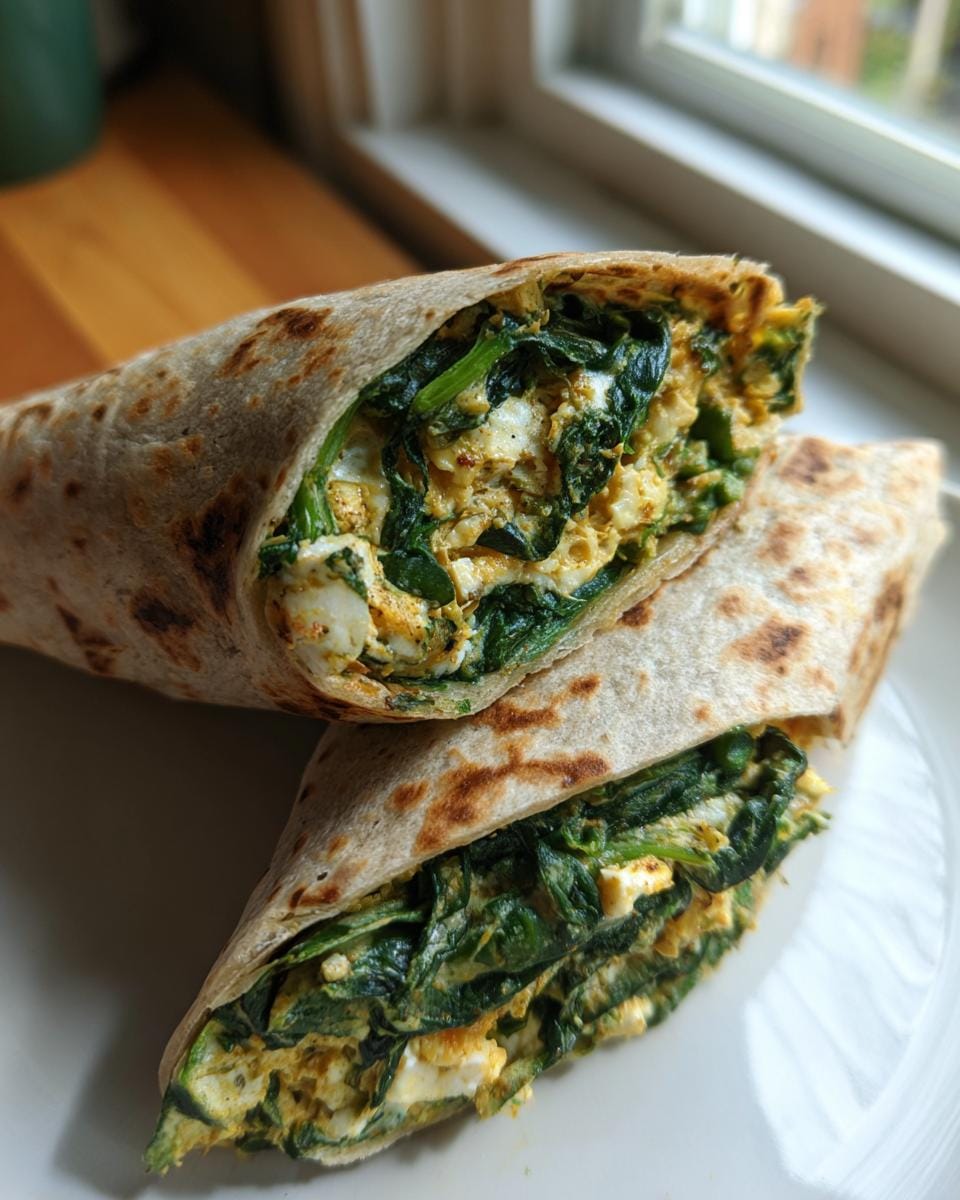 Two halves of a Keto Spinat-Wrap, showcasing the spinach, egg, and cheese filling inside a light brown wrap.