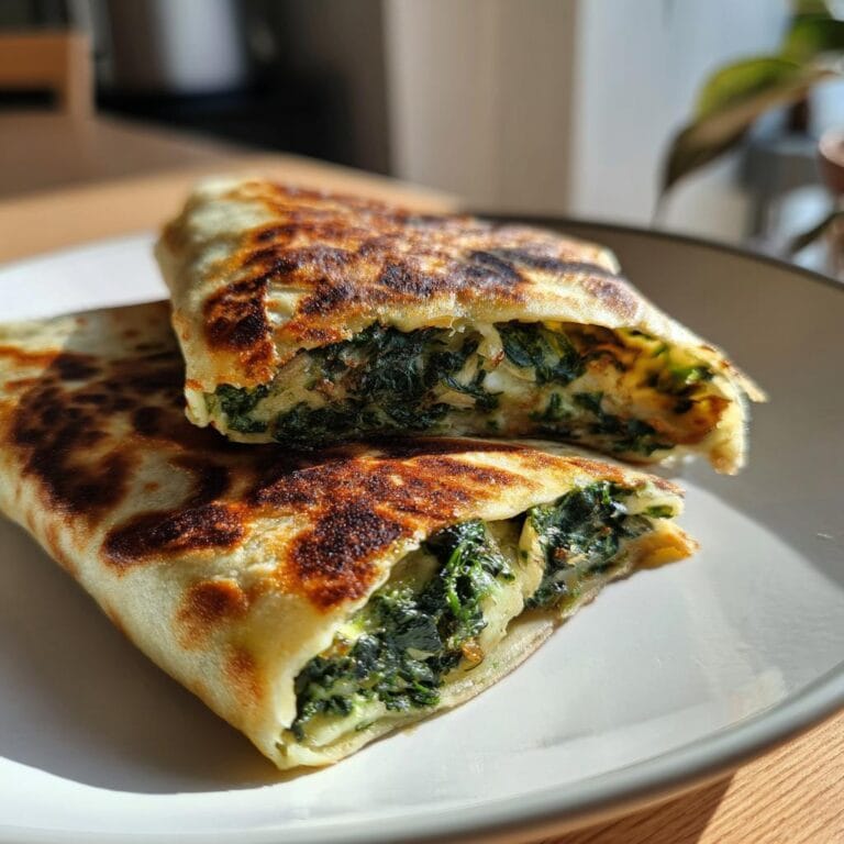 Two halves of a Keto Spinat-Wrap, showing the spinach filling inside the golden-brown wrap.