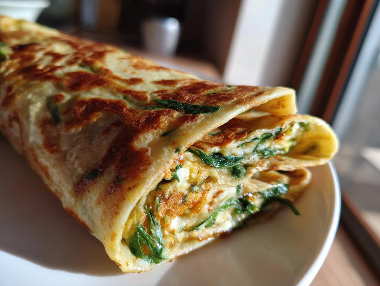 Close-up of a tasty Keto Spinat-Wrap filled with spinach and other ingredients.