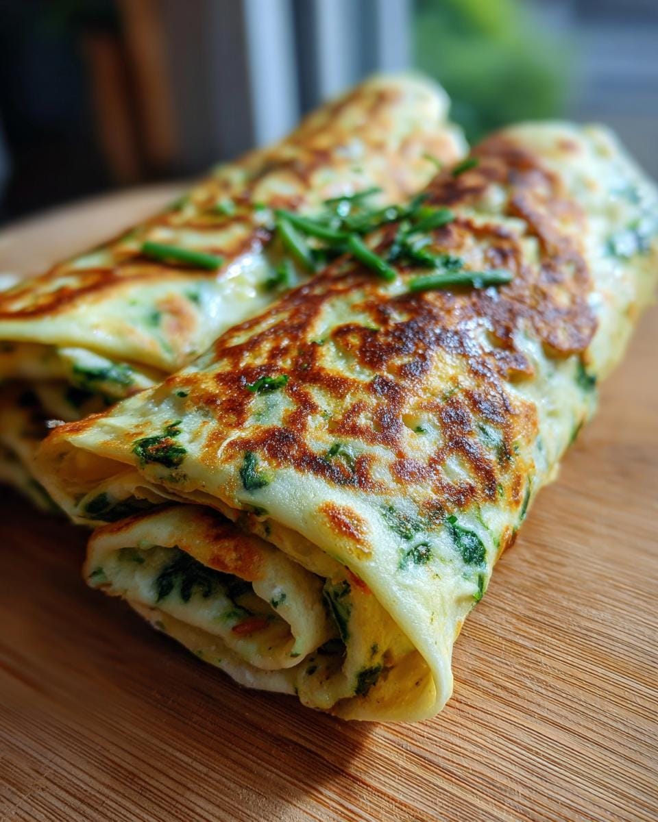 Two Keto Spinat-Wrap rolls on a wooden board, garnished with fresh chives. Close-up shot.