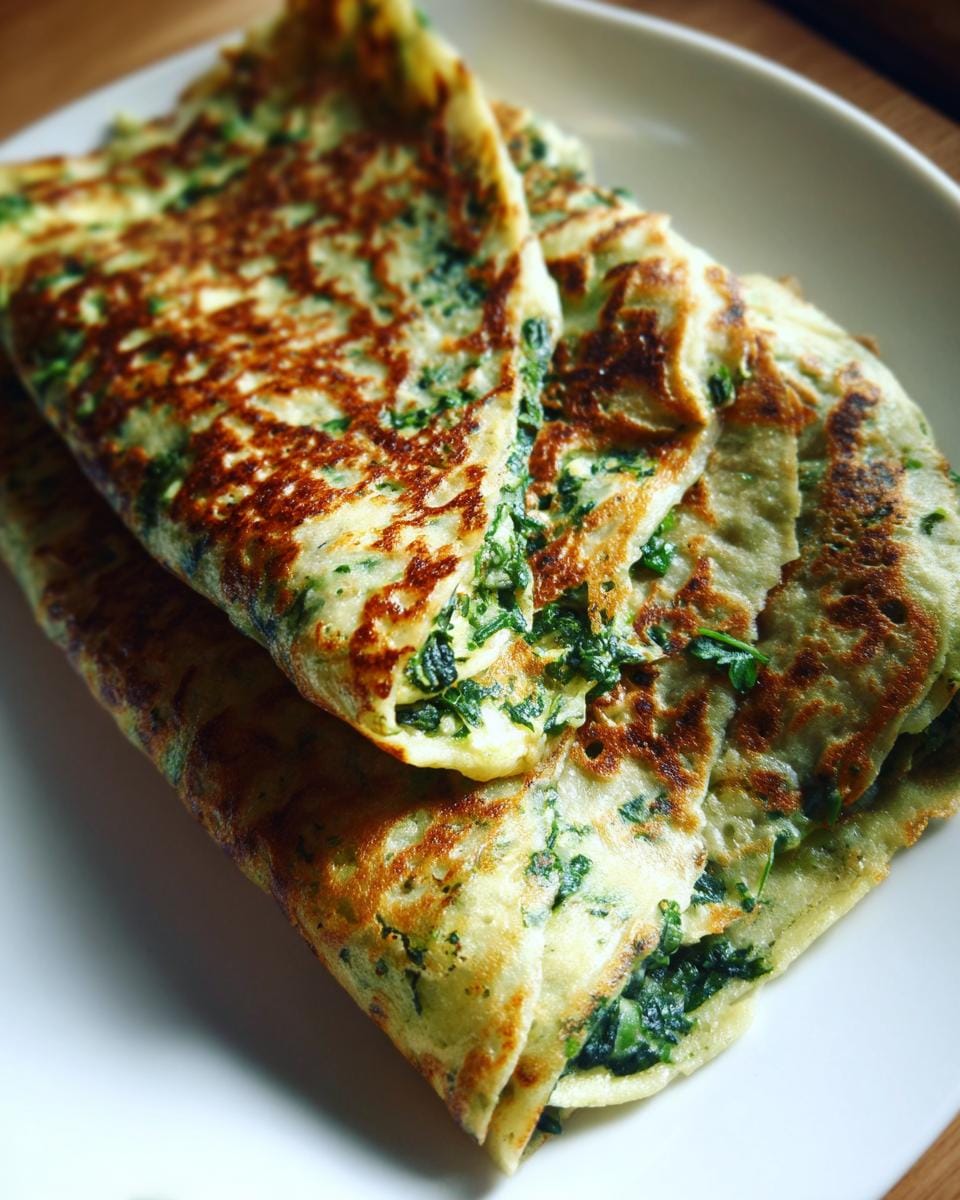 Stack of golden brown Keto Spinat-Wrap filled with spinach on a white plate.