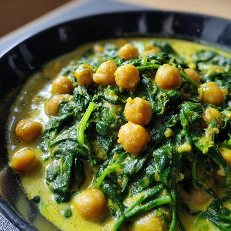Nahaufnahme von Kichererbsen-Curry mit Spinat, serviert in einer schwarzen Schüssel.