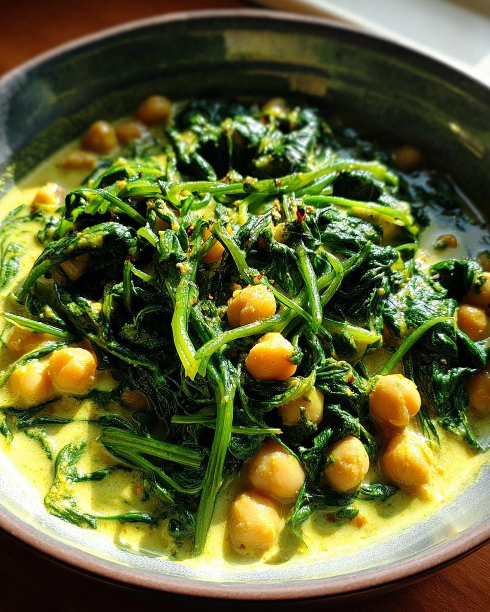 Nahaufnahme von Kichererbsen-Curry mit Spinat in einer Schüssel, servierfertig.